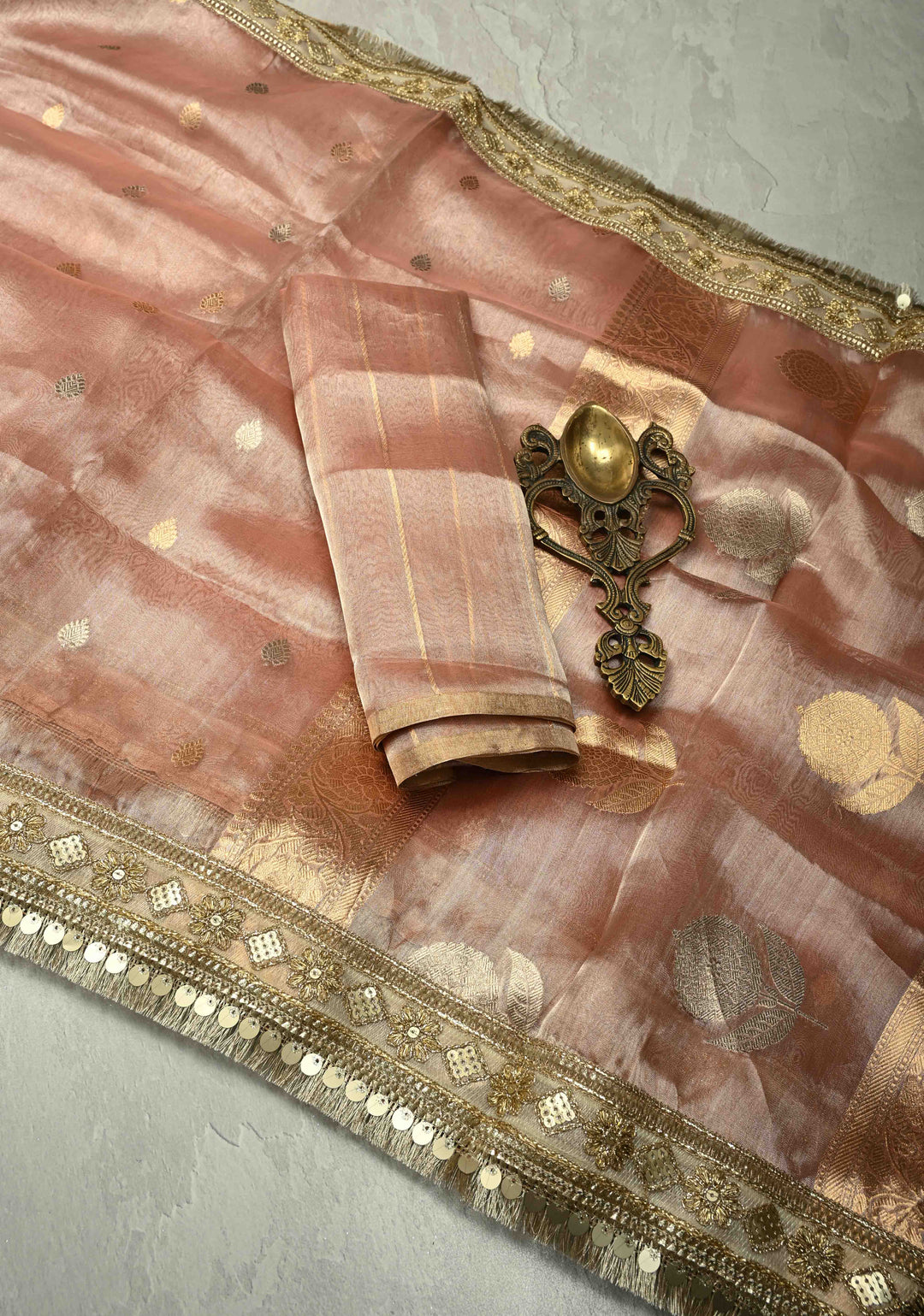 Dusty Rose Organza Tissue Silk Saree with Kadhuwa Sona Rupa Zari Buttis and Fancy Lace Trim Border | SILK MARK CERTIFIED