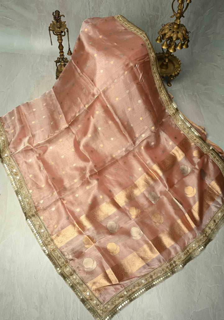 Dusty Rose Organza Tissue Silk Saree with Kadhuwa Sona Rupa Zari Buttis and Fancy Lace Trim Border | SILK MARK CERTIFIED