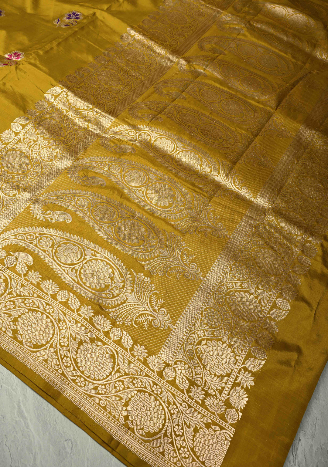 Methi Yellow Banarasi Katan Silk Saree with Floral Meenakari Buttas and Zari Border | SILK MARK CERTIFIED | SHOBITAM