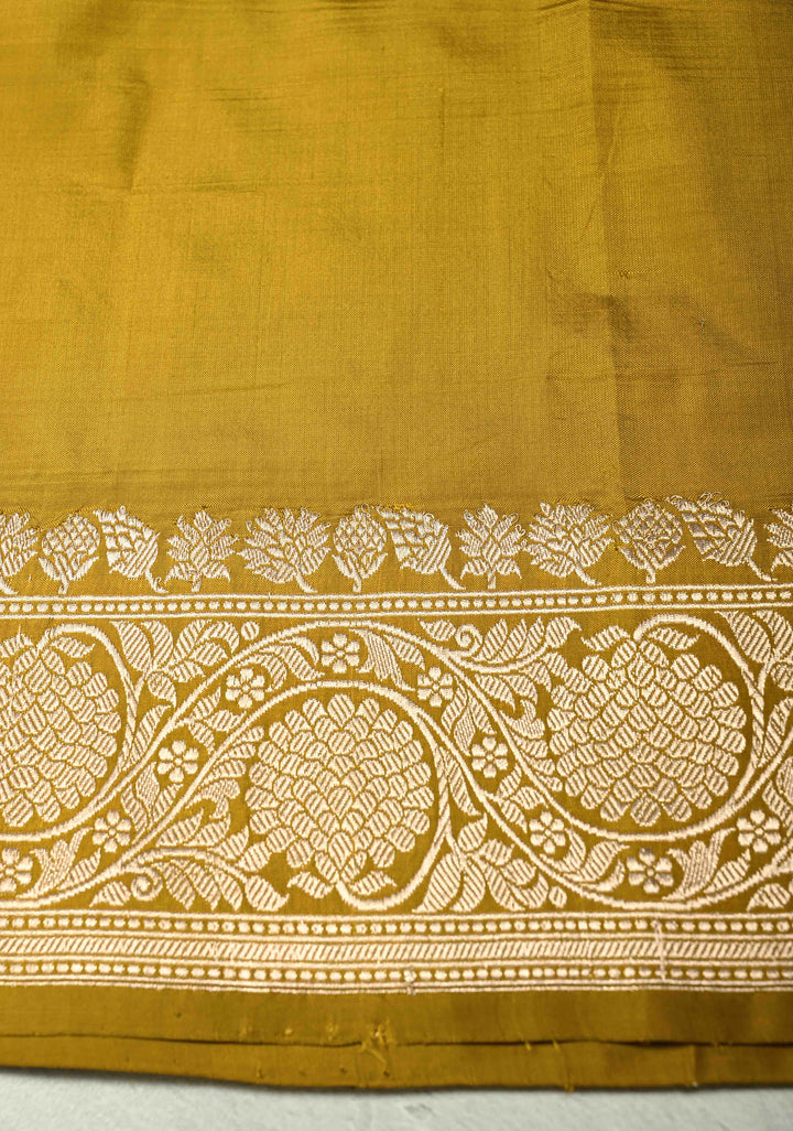 Methi Yellow Banarasi Katan Silk Saree with Floral Meenakari Buttas and Zari Border | SILK MARK CERTIFIED | SHOBITAM