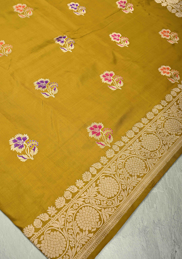 Methi Yellow Banarasi Katan Silk Saree with Floral Meenakari Buttas and Zari Border | SILK MARK CERTIFIED | SHOBITAM
