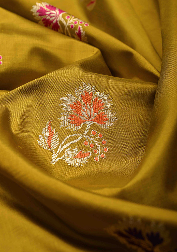 Methi Yellow Banarasi Katan Silk Saree with Floral Meenakari Buttas and Zari Border | SILK MARK CERTIFIED | SHOBITAM