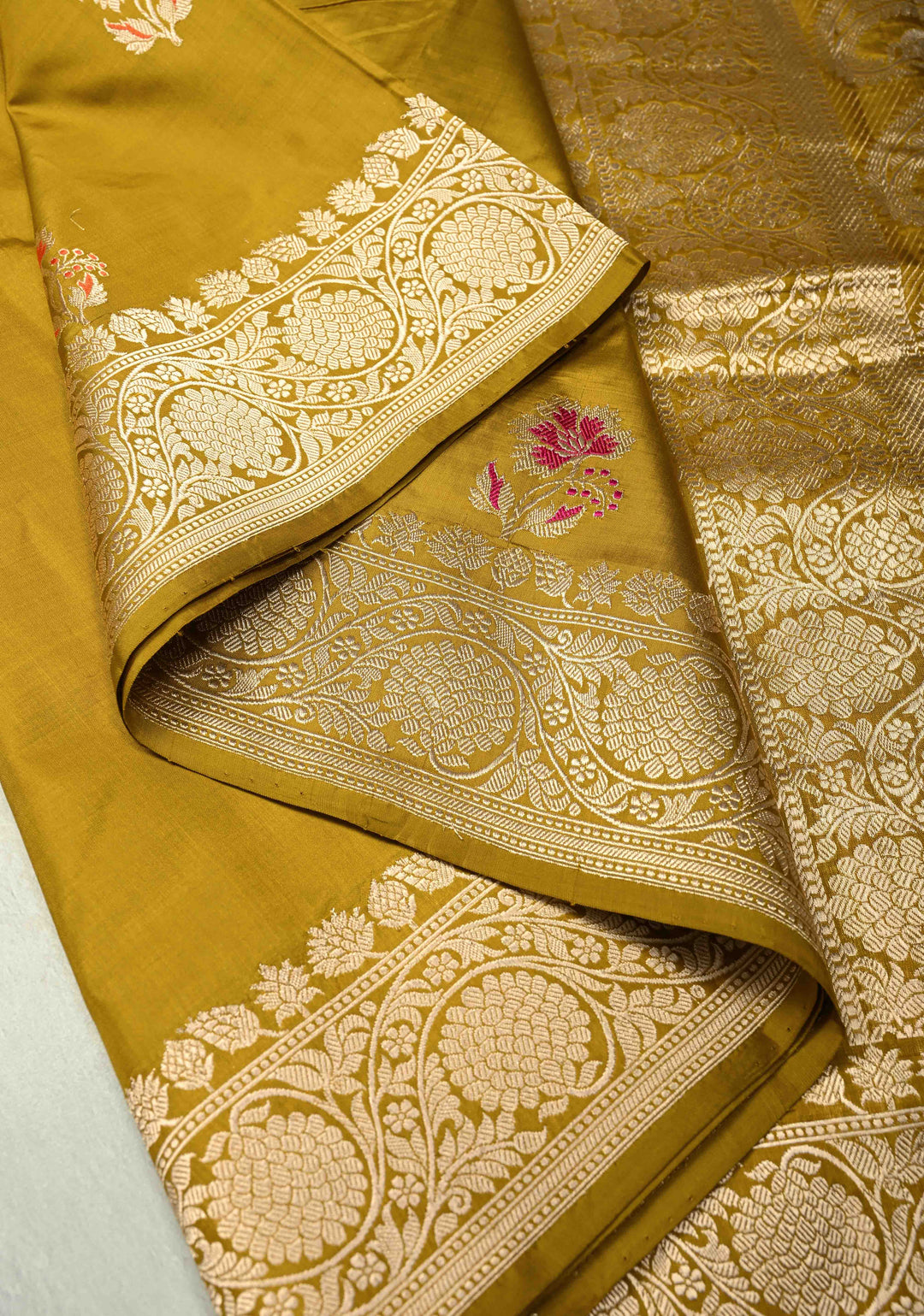 Methi Yellow Banarasi Katan Silk Saree with Floral Meenakari Buttas and Zari Border | SILK MARK CERTIFIED | SHOBITAM