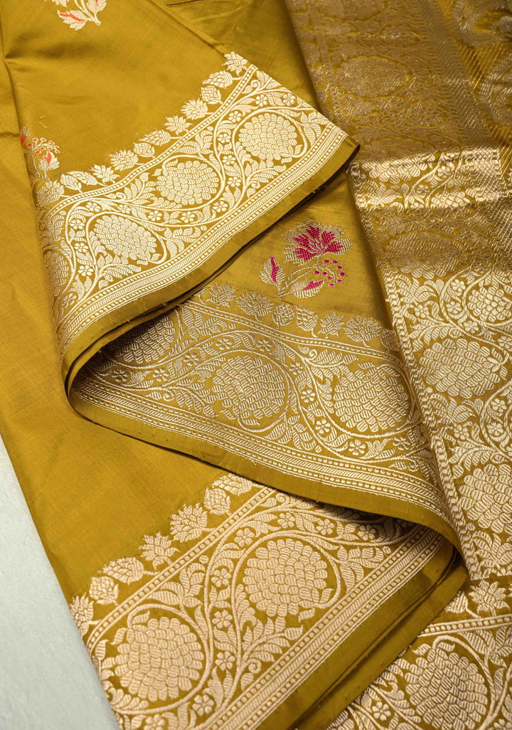 Methi Yellow Banarasi Katan Silk Saree with Floral Meenakari Buttas and Zari Border | SILK MARK CERTIFIED | SHOBITAM