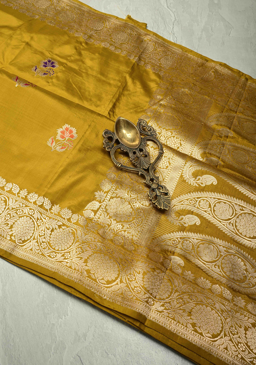 Methi Yellow Banarasi Katan Silk Saree with Floral Meenakari Buttas and Zari Border | SILK MARK CERTIFIED | SHOBITAM