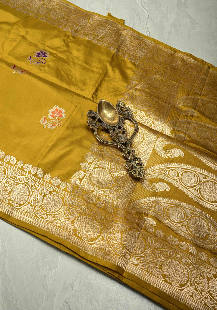 Methi Yellow Banarasi Katan Silk Saree with Floral Meenakari Buttas and Zari Border | SILK MARK CERTIFIED | SHOBITAM
