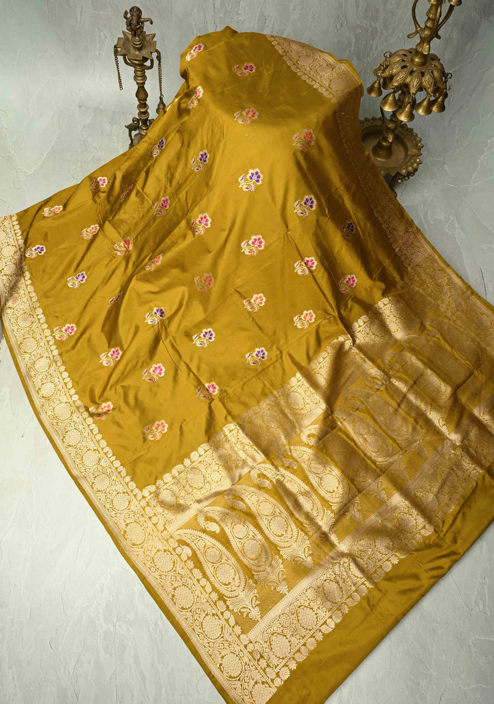Methi Yellow Banarasi Katan Silk Saree with Floral Meenakari Buttas and Zari Border | SILK MARK CERTIFIED | SHOBITAM