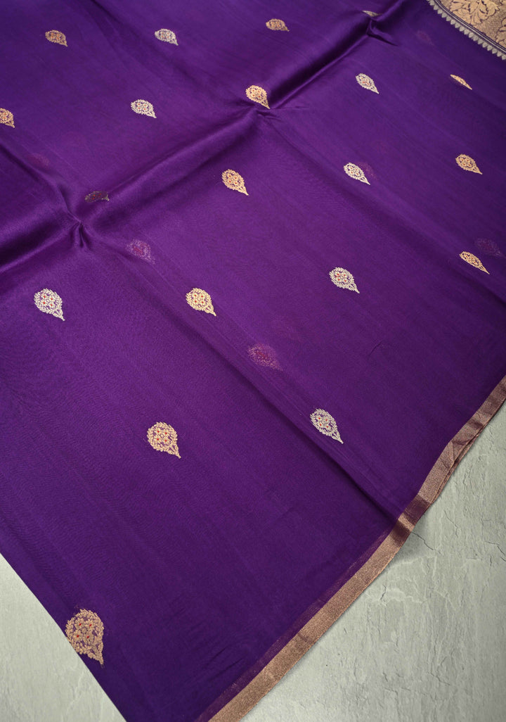 Purple Organza Silk Saree with Meenakari Buttas and Minimal Border | SILK MARK CERTIFIED
