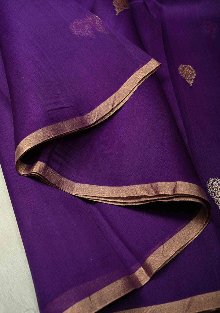 Purple Organza Silk Saree with Meenakari Buttas and Minimal Border | SILK MARK CERTIFIED