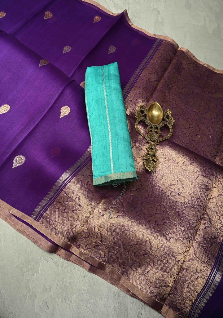 Purple Organza Silk Saree with Meenakari Buttas and Minimal Border | SILK MARK CERTIFIED