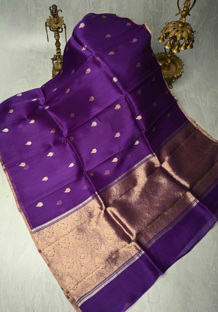 Purple Organza Silk Saree with Meenakari Buttas and Minimal Border | SILK MARK CERTIFIED