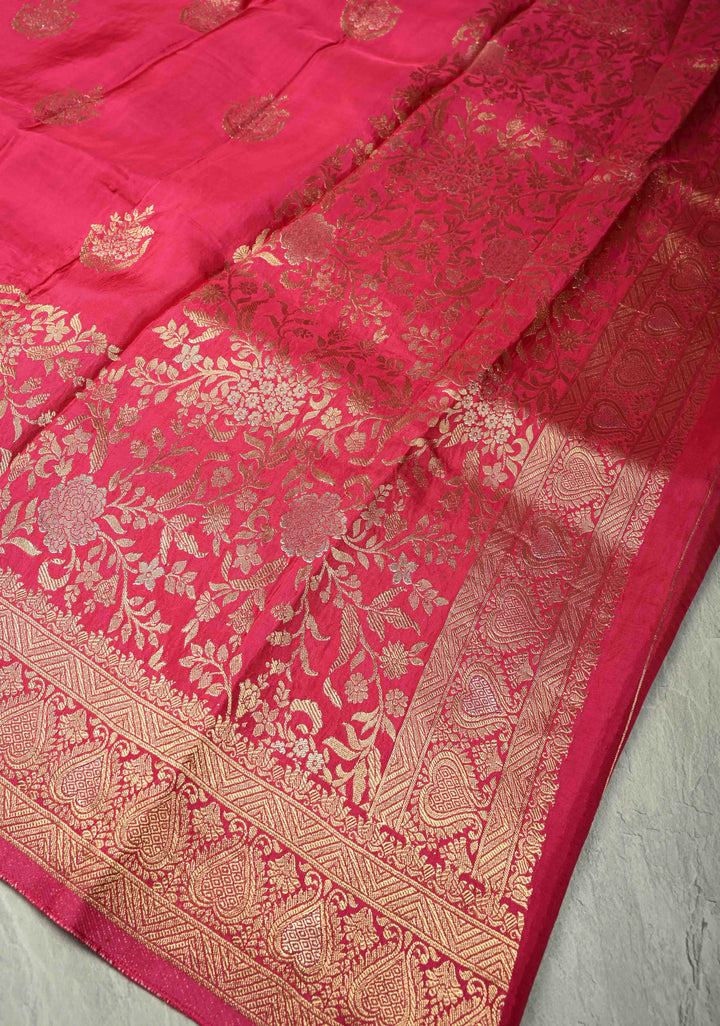Rani Pink Banarasi Semi Silk Saree with Floral Zari Buttas and Zari Border