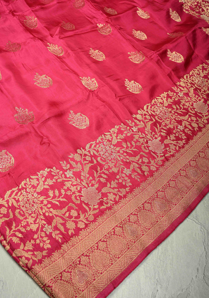 Rani Pink Banarasi Semi Silk Saree with Floral Zari Buttas and Zari Border