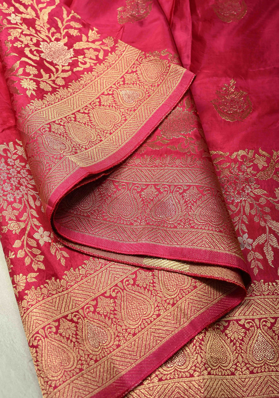Rani Pink Banarasi Semi Silk Saree with Floral Zari Buttas and Zari Border