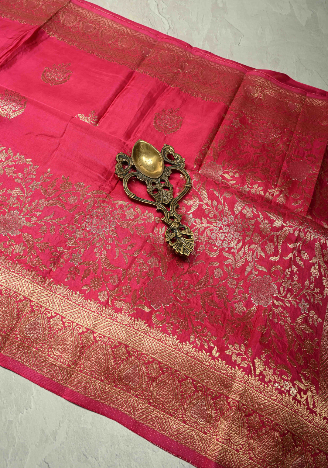 Rani Pink Banarasi Semi Silk Saree with Floral Zari Buttas and Zari Border