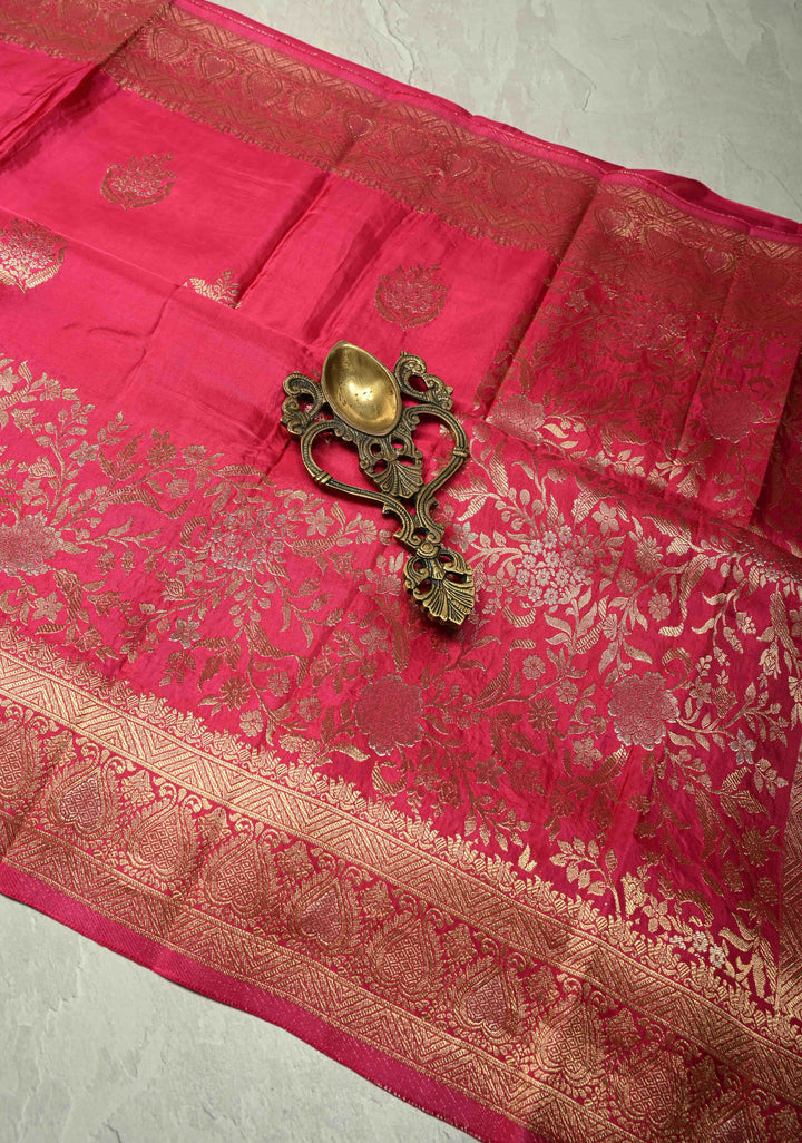 Rani Pink Banarasi Semi Silk Saree with Floral Zari Buttas and Zari Border