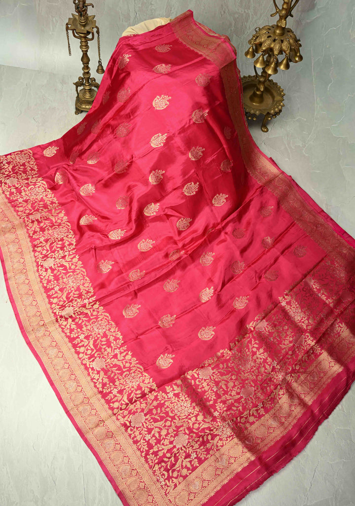 Rani Pink Banarasi Semi Silk Saree with Floral Zari Buttas and Zari Border