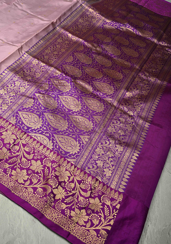 Opera Mauve Banarasi Katan Silk Saree with Chunri Buttis and Contrast Zari Border | SILK MARK CERTIFIED