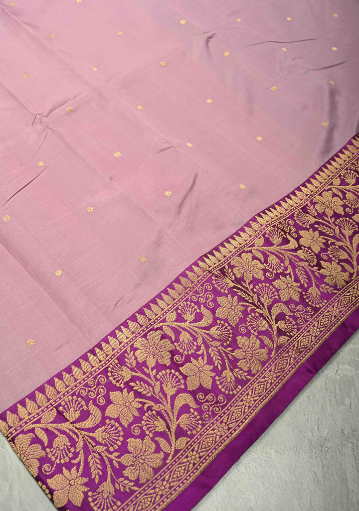 Opera Mauve Banarasi Katan Silk Saree with Chunri Buttis and Contrast Zari Border | SILK MARK CERTIFIED