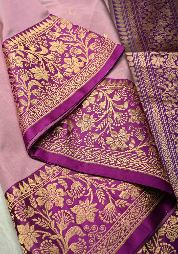 Opera Mauve Banarasi Katan Silk Saree with Chunri Buttis and Contrast Zari Border | SILK MARK CERTIFIED