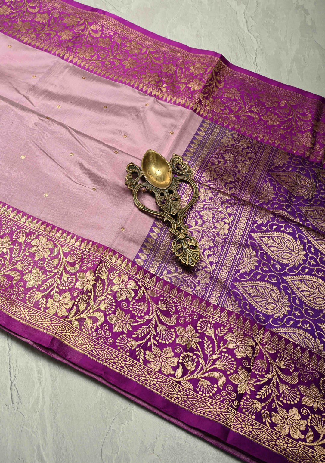 Opera Mauve Banarasi Katan Silk Saree with Chunri Buttis and Contrast Zari Border | SILK MARK CERTIFIED