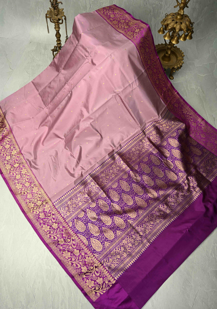 Opera Mauve Banarasi Katan Silk Saree with Chunri Buttis and Contrast Zari Border | SILK MARK CERTIFIED
