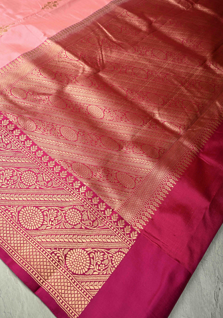 Flamingo Pink Banarasi Katan Silk Saree with Zari Buttas and Contrast Zari Border | SILK MARK CERTIFIED