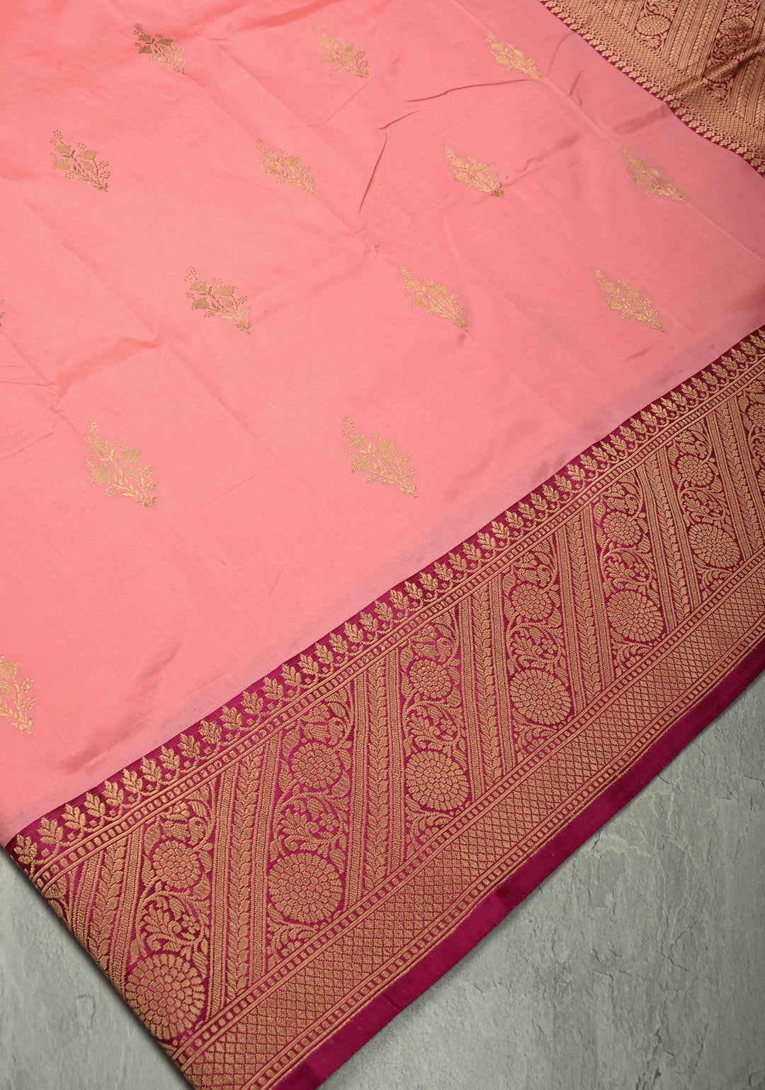 Flamingo Pink Banarasi Katan Silk Saree with Zari Buttas and Contrast Zari Border | SILK MARK CERTIFIED