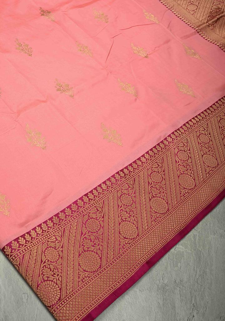 Flamingo Pink Banarasi Katan Silk Saree with Zari Buttas and Contrast Zari Border | SILK MARK CERTIFIED