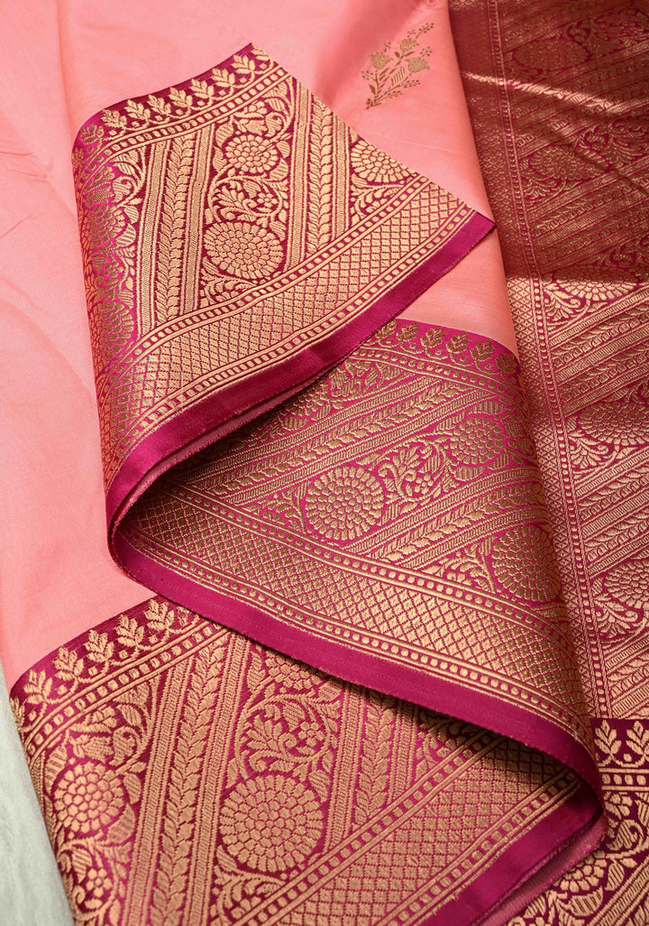 Flamingo Pink Banarasi Katan Silk Saree with Zari Buttas and Contrast Zari Border | SILK MARK CERTIFIED