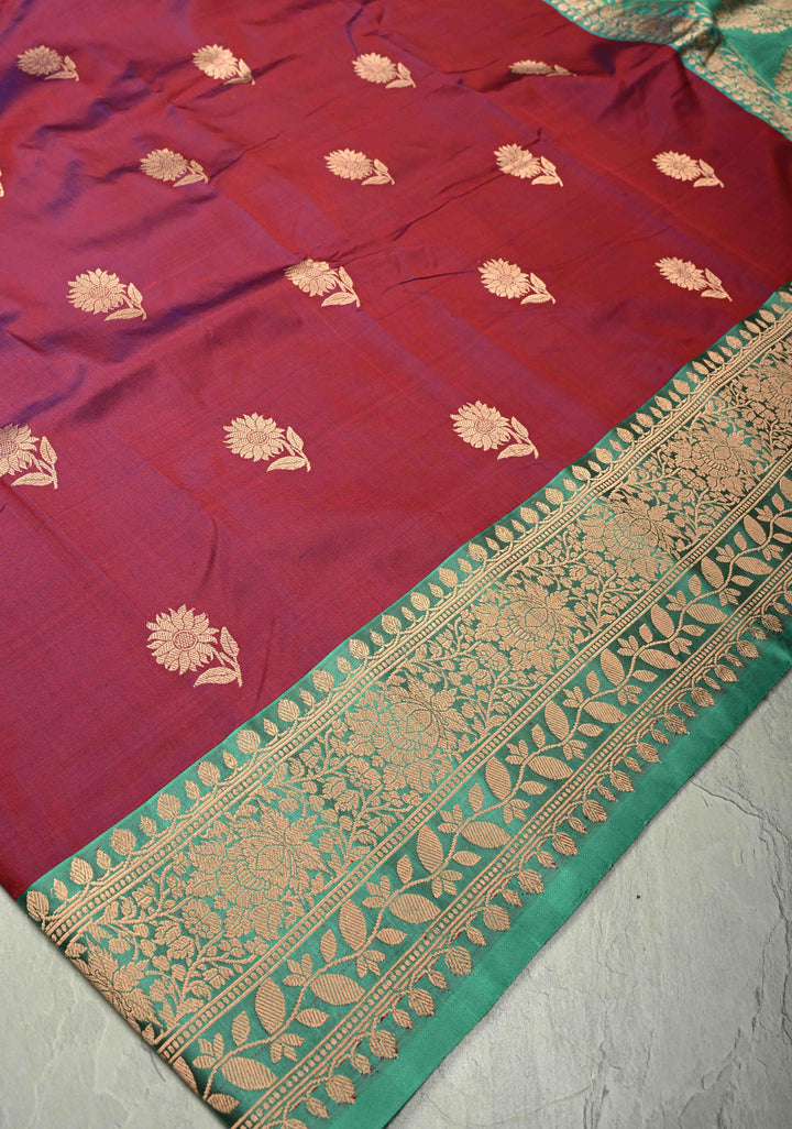 Purple Dual tone Banarasi Katan Silk Saree with Floral Zari Buttas and Contrast Zari Border | SILK MARK CERTIFIED