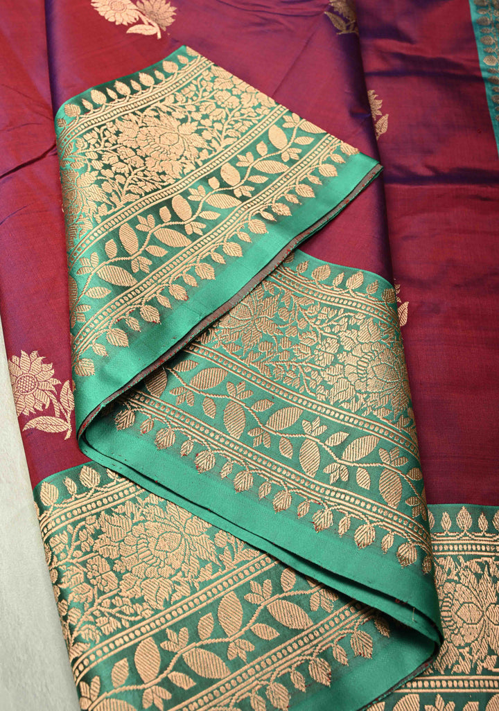 Purple Dual tone Banarasi Katan Silk Saree with Floral Zari Buttas and Contrast Zari Border | SILK MARK CERTIFIED