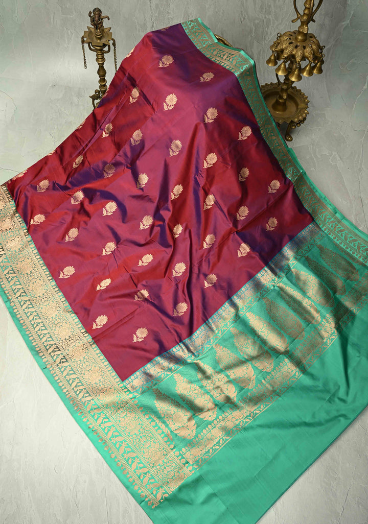 Purple Dual tone Banarasi Katan Silk Saree with Floral Zari Buttas and Contrast Zari Border | SILK MARK CERTIFIED