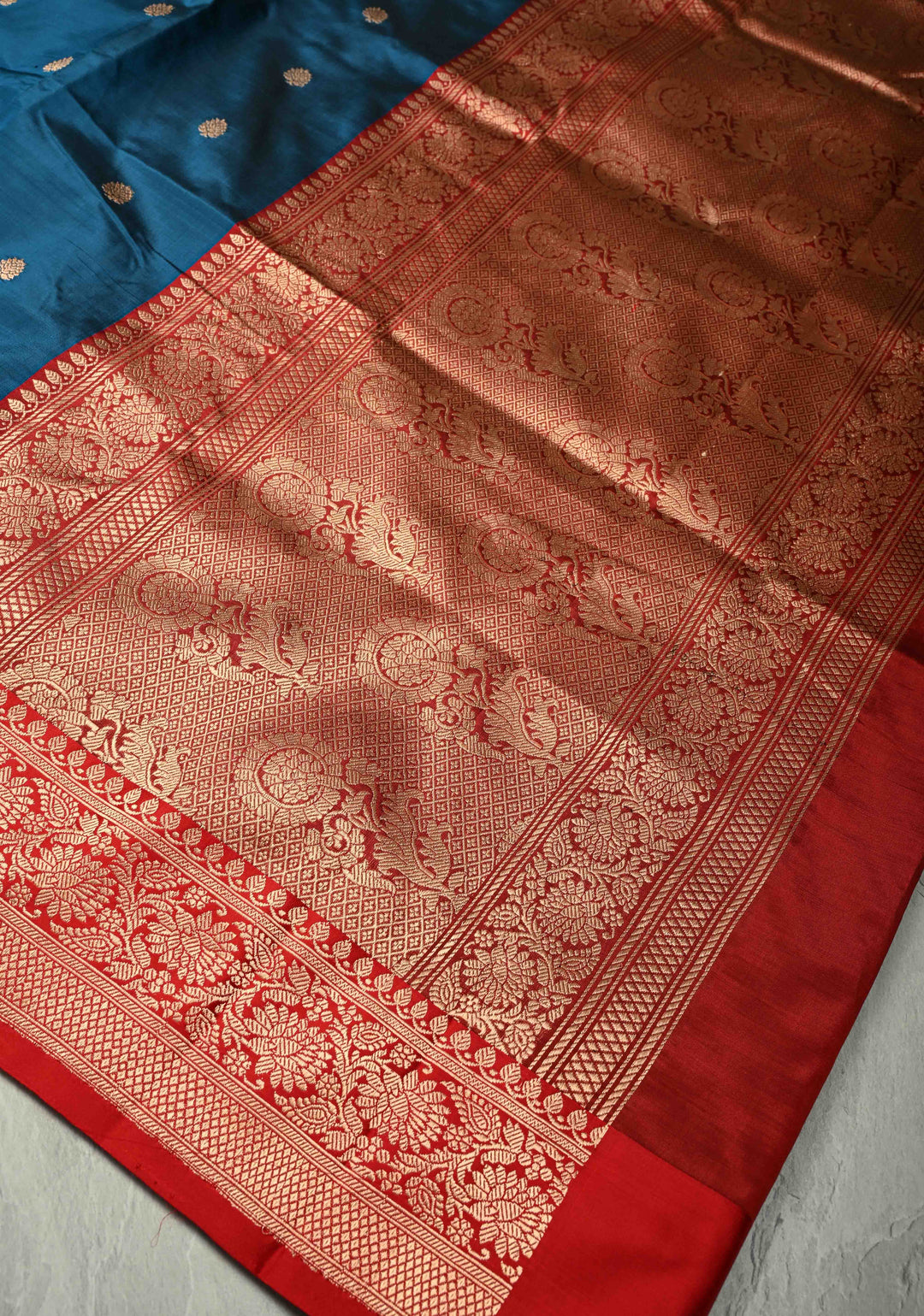 Peacock Blue Banarasi Katan Silk Saree with Zari Buttas and Contrast Zari Border | SILK MARK CERTIFIED