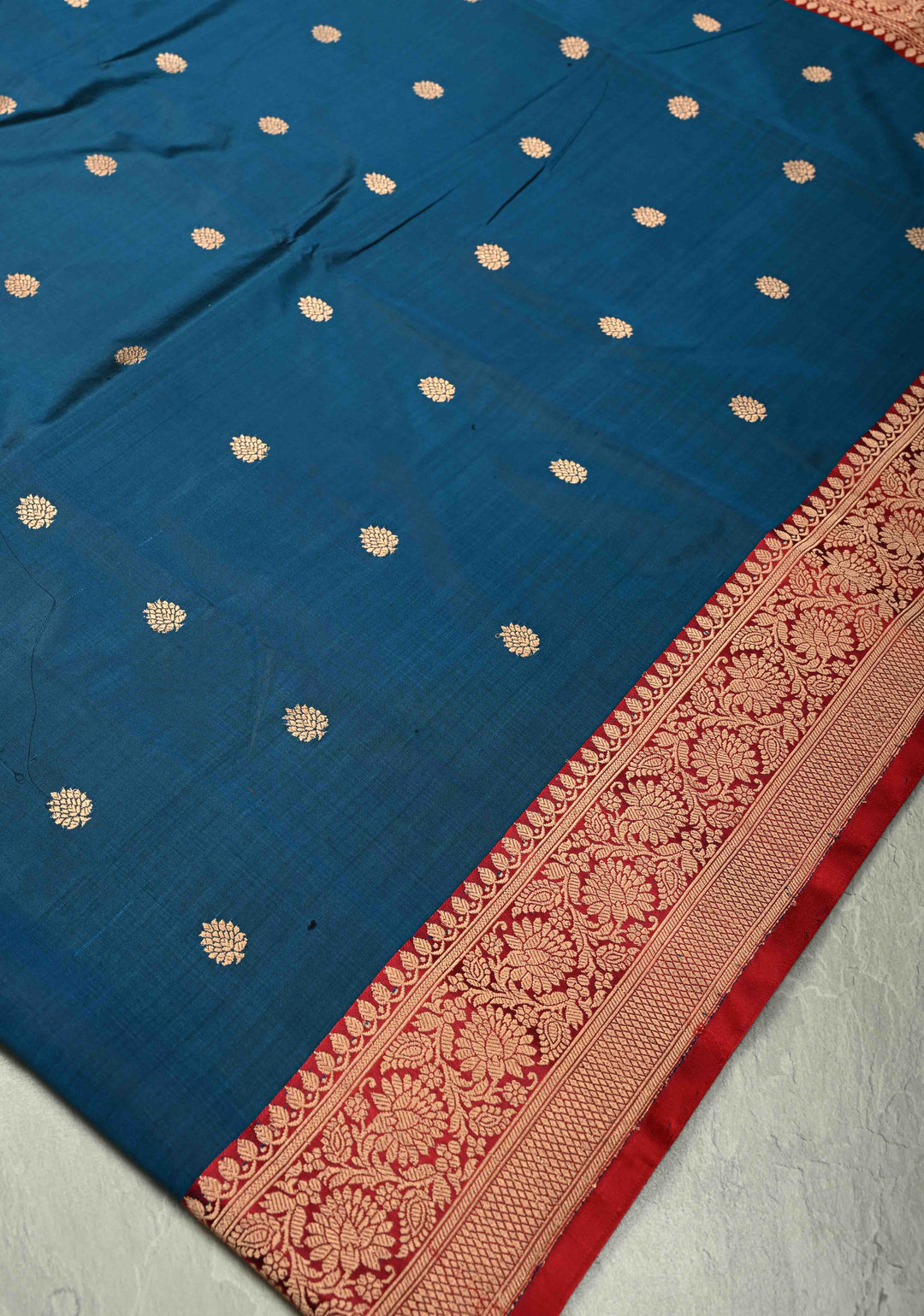 Peacock Blue Banarasi Katan Silk Saree with Zari Buttas and Contrast Zari Border | SILK MARK CERTIFIED