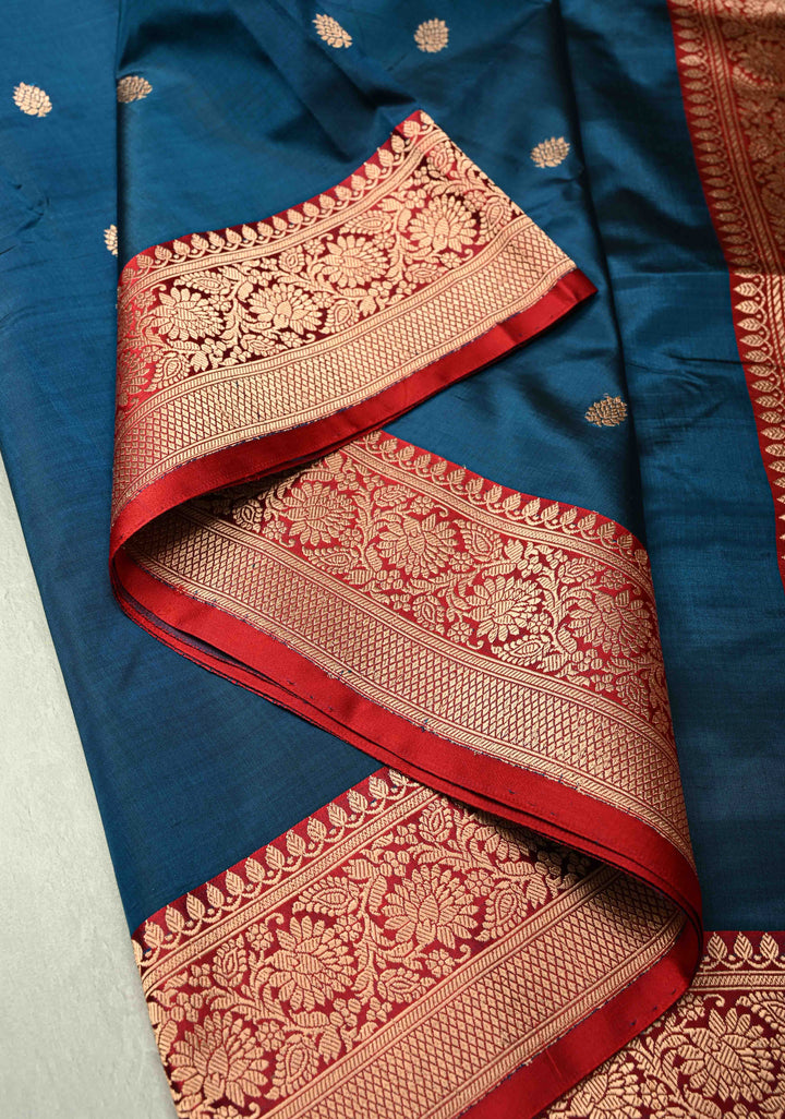 Peacock Blue Banarasi Katan Silk Saree with Zari Buttas and Contrast Zari Border | SILK MARK CERTIFIED