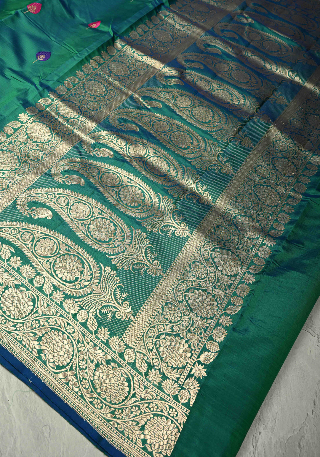 Peacock Blue Green Dual Tone Banarasi Katan Silk Saree with Resham Meenakari Buttas and Zari Border | SILK MARK CERTIFIED