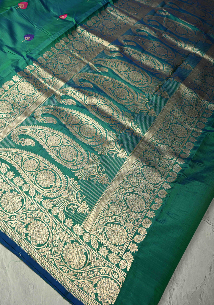 Peacock Blue Green Dual Tone Banarasi Katan Silk Saree with Resham Meenakari Buttas and Zari Border | SILK MARK CERTIFIED