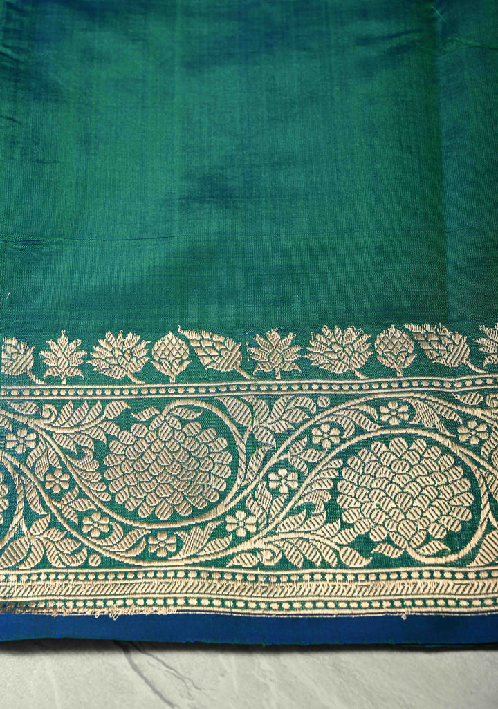Peacock Blue Green Dual Tone Banarasi Katan Silk Saree with Resham Meenakari Buttas and Zari Border | SILK MARK CERTIFIED