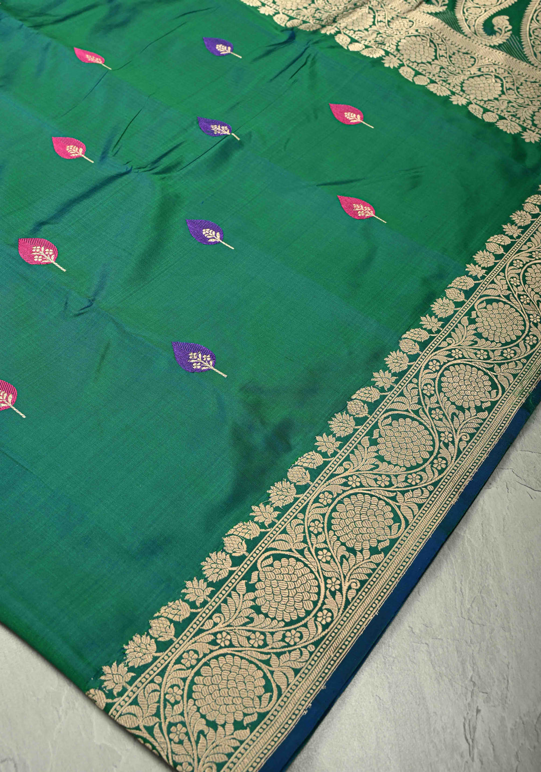 Peacock Blue Green Dual Tone Banarasi Katan Silk Saree with Resham Meenakari Buttas and Zari Border | SILK MARK CERTIFIED