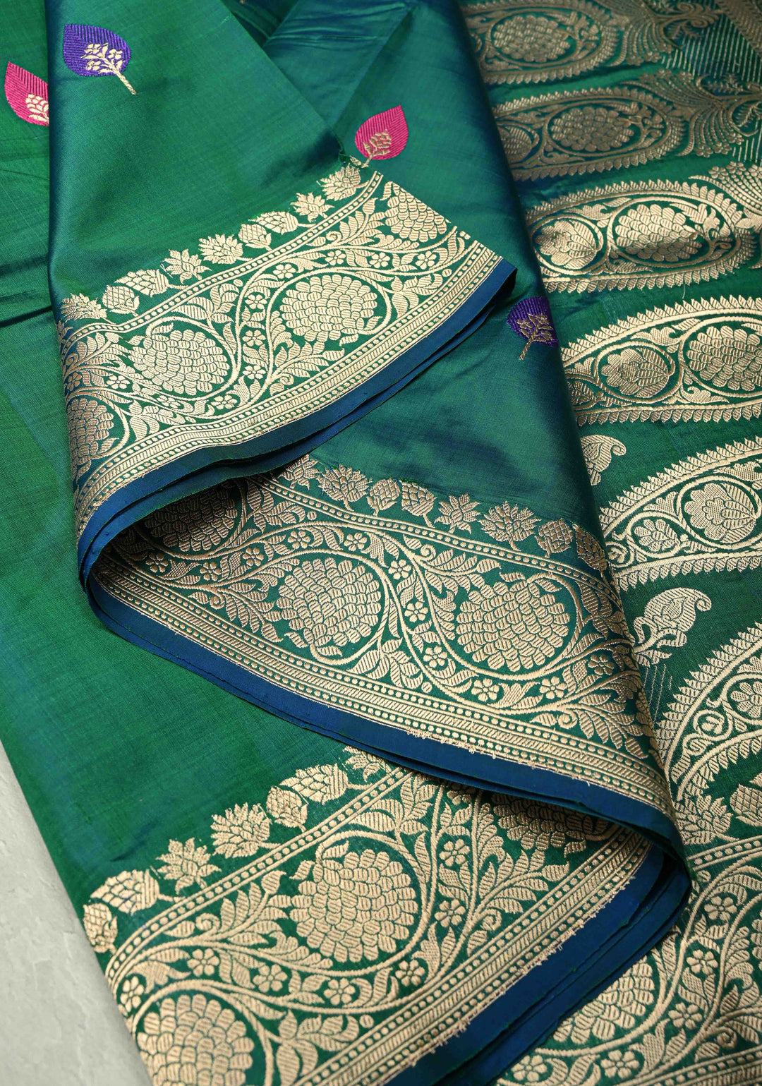 Peacock Blue Green Dual Tone Banarasi Katan Silk Saree with Resham Meenakari Buttas and Zari Border | SILK MARK CERTIFIED