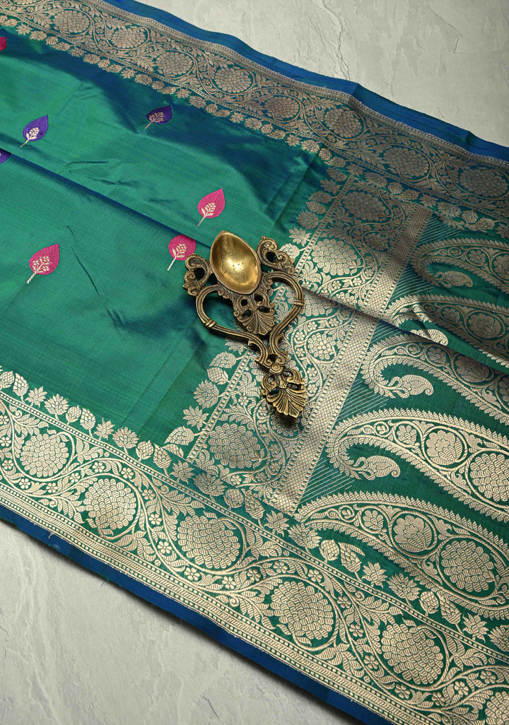 Peacock Blue Green Dual Tone Banarasi Katan Silk Saree with Resham Meenakari Buttas and Zari Border | SILK MARK CERTIFIED
