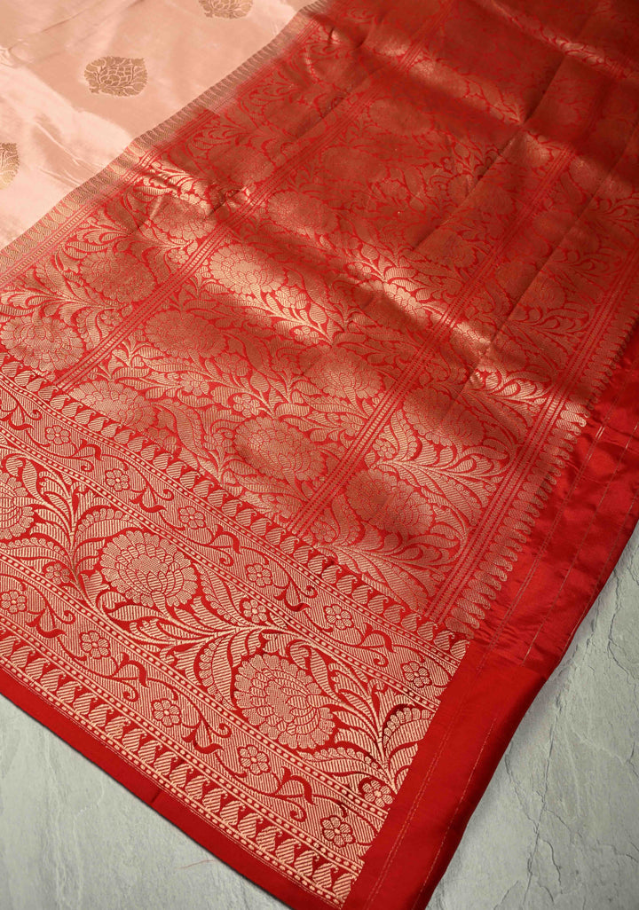 Peach  Banarasi Katan Silk Saree with Zari Buttas and Contrast Zari Border | SILK MARK CERTIFIED