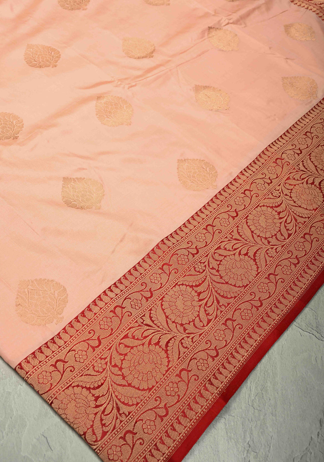 Peach  Banarasi Katan Silk Saree with Zari Buttas and Contrast Zari Border | SILK MARK CERTIFIED