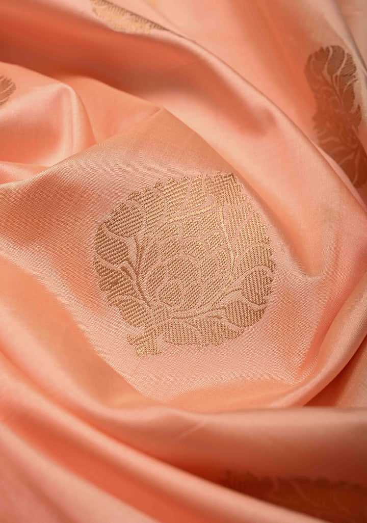 Peach  Banarasi Katan Silk Saree with Zari Buttas and Contrast Zari Border | SILK MARK CERTIFIED