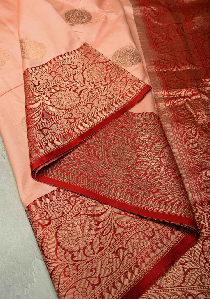 Peach  Banarasi Katan Silk Saree with Zari Buttas and Contrast Zari Border | SILK MARK CERTIFIED