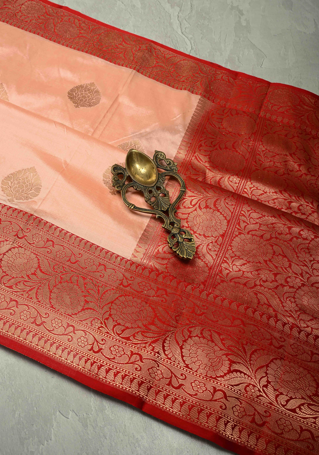 Peach  Banarasi Katan Silk Saree with Zari Buttas and Contrast Zari Border | SILK MARK CERTIFIED