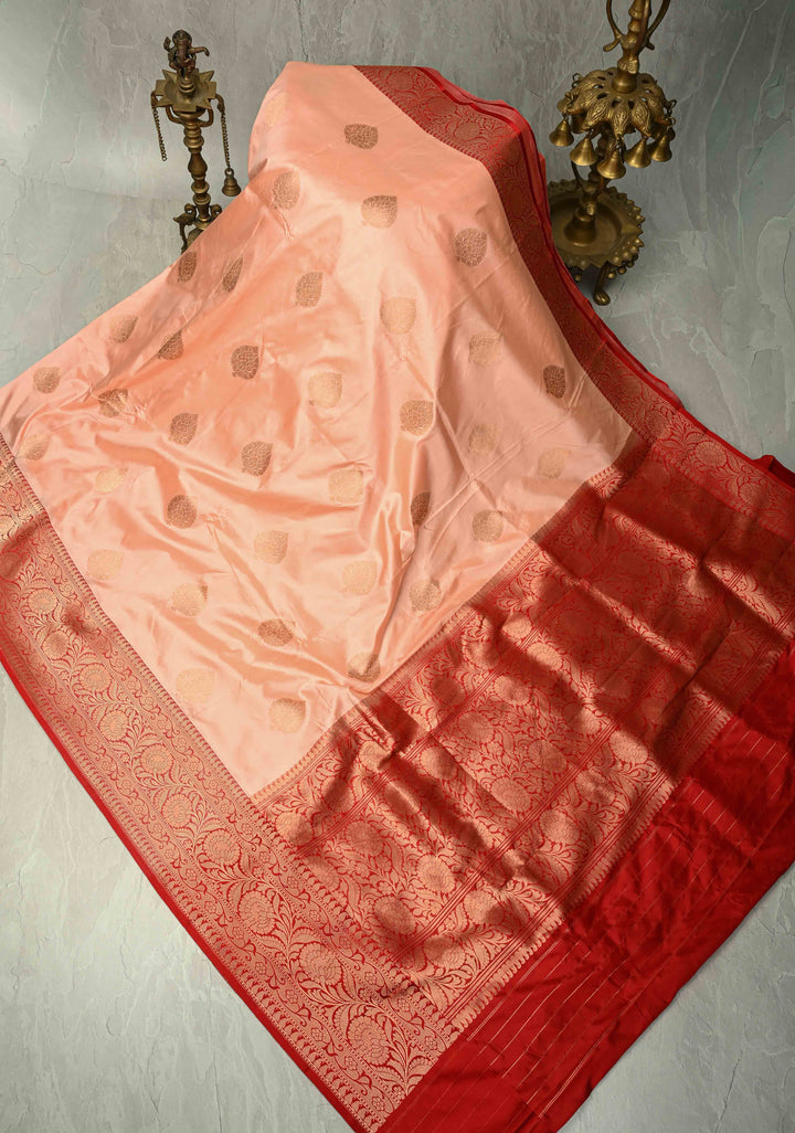 Peach  Banarasi Katan Silk Saree with Zari Buttas and Contrast Zari Border | SILK MARK CERTIFIED