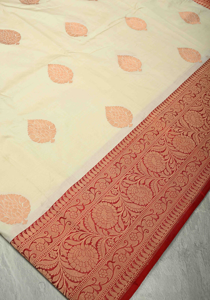 Off White Banarasi Katan Silk Saree with Zari Buttas and Contrast Red Zari Border | SILK MARK CERTIFIED