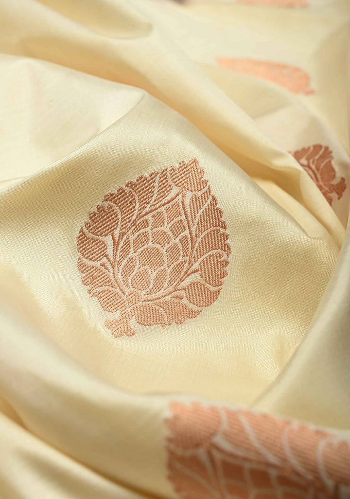 Off White Banarasi Katan Silk Saree with Zari Buttas and Contrast Red Zari Border | SILK MARK CERTIFIED